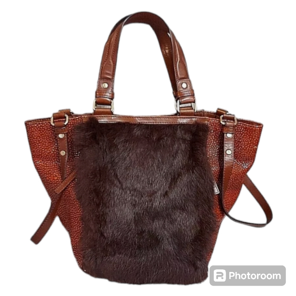 Nanette Lepore Double Handle Tote Bag Faux Fur Vegan Leather Block Purse